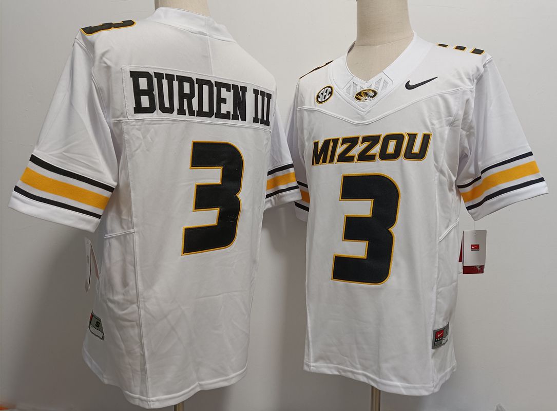 Men Missouri tiger 3 Burden iii White Nike 2025 NCAA Jersey
